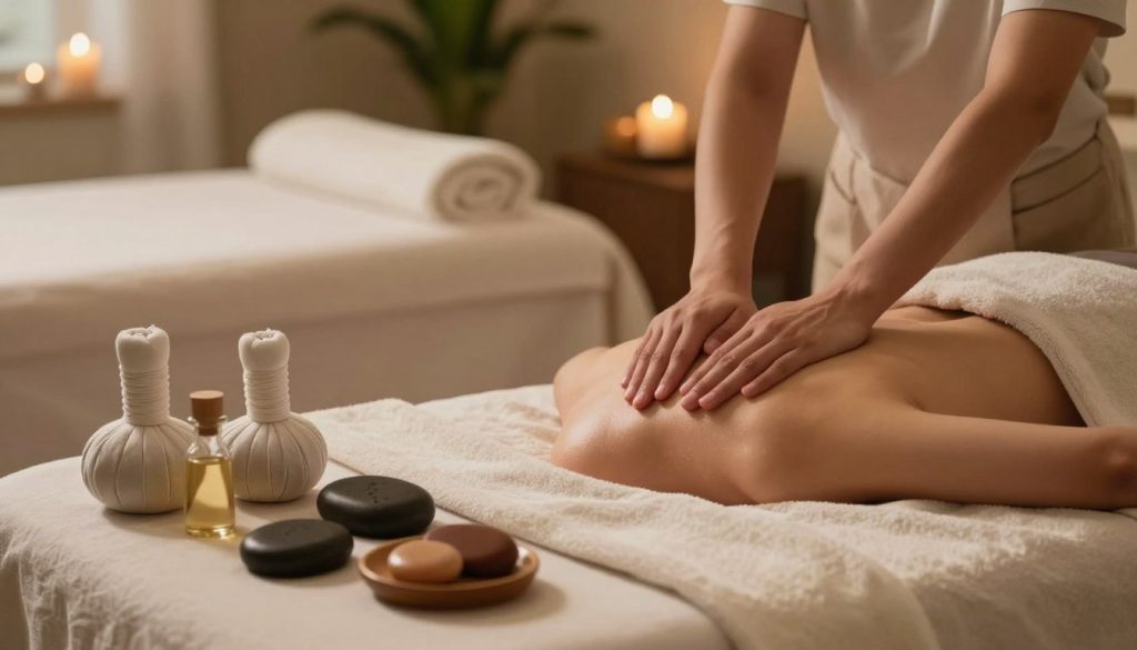 A serene and inviting massage therapy setting showcasing various techniques such as effleurage, petrissage, and friction. In the foreground, elegantly arranged massage tools including textured oils, warm stones, and plush towels set the stage. The middle ground features a well-appointed massage table with a draped, soft sheet, surrounded by calming candles. The background reveals a tranquil spa ambiance with subtle greenery and soft, neutral color tones creating a peaceful atmosphere. The lighting is warm and soft, casting gentle shadows for a soothing effect. The composition captures the essence of relaxation and professionalism, highlighting the intricate techniques involved in massage therapy. No human subjects or text present, ensuring a focus on the artistry and tools of the craft.