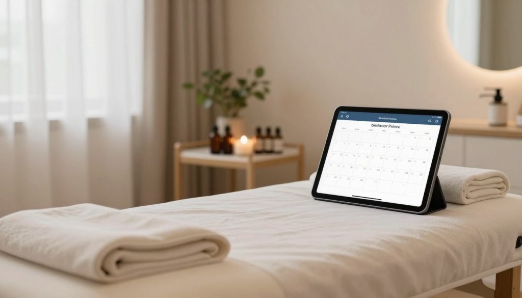 A serene and inviting massage therapy setting that emphasizes convenience and flexibility. In the foreground, a plush massage table adorned with clean linens and essential oils, suggesting a professional yet cozy atmosphere. In the middle, a well-organized space with advanced scheduling tools like a digital tablet displaying a calendar filled with available appointment slots. Soft, warm lighting bathes the room, creating a relaxing ambiance. In the background, gentle greenery hints at tranquility, with sheer curtains allowing natural light to filter through. The scene is composed with a soft focus on the table and scheduling tools, highlighting the accessibility of freelance therapy services in contrast to corporate salons. The mood is calming and reassuring, ideal for showcasing the convenience of freelance massage therapy.