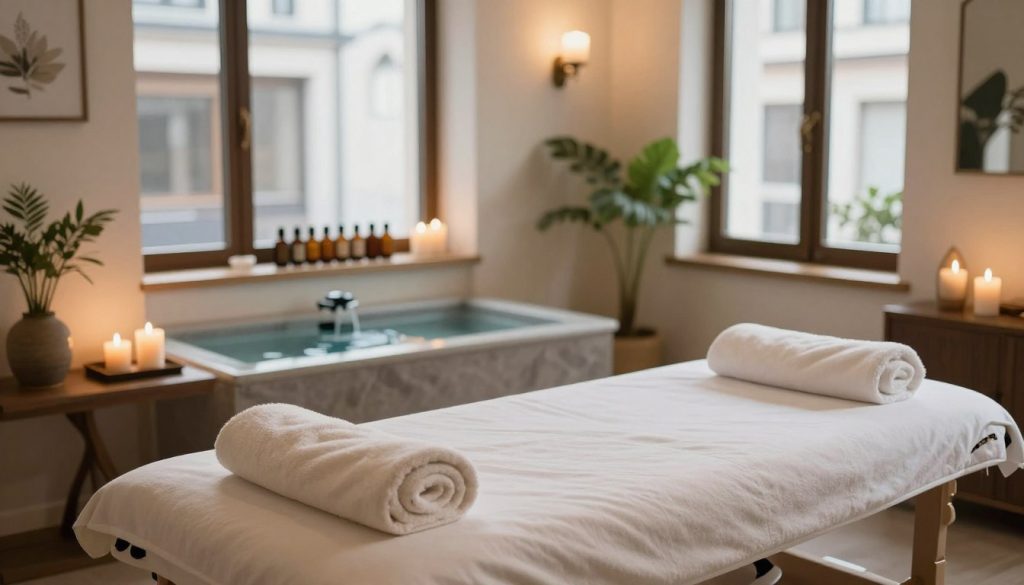 A serene and inviting massage therapy space set in a stylish Istanbul boutique. In the foreground, an elegant massage table with soft, fluffy towels neatly arranged, surrounded by soothing decor like candles and plants. In the middle, a tranquil water feature and a selection of aromatic oils on a nearby shelf, emphasizing relaxation and wellness. The background showcases large windows with natural light streaming in, casting a warm glow across the room. The atmosphere is calm and peaceful, perfect for health and relaxation. The overall composition should convey professionalism and serenity, ideal for highlighting the expertise of a professional massage therapist in Istanbul. The image should have soft lighting and a gentle focus, capturing the essence of therapeutic comfort.