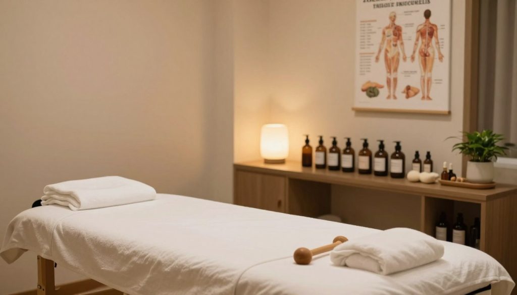 A serene and inviting medical massage therapy environment, featuring an elegant treatment room setup. In the foreground, a massage table is draped with clean, soft linens, surrounded by various massage oils and professional massage tools meticulously arranged. In the middle ground, a shelf displays herbal remedies and supportive anatomy charts illustrating various massage techniques. The background features calming wall colors and soft, ambient lighting that creates a tranquil atmosphere. A subtle hint of greenery from potted plants enhances the relaxing vibe. The focus is on showcasing professionalism and serenity, evoking a sense of wellness and healing associated with medical massage practices. The overall mood is peaceful and restorative, emphasizing comfort and care in therapy.
