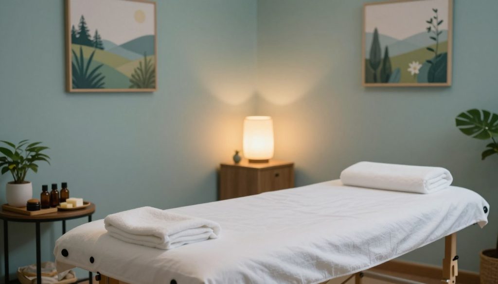 A serene and inviting medical massage therapy room, showcasing a professional therapeutic environment. In the foreground, a well-organized massage table draped with clean white linen, next to it a small side table with essential oils and natural balms. In the middle ground, a softly glowing lamp emits warm light, creating a tranquil atmosphere, while wall art depicting calming nature scenes enhances the ambiance. The background features a soothing color palette of soft blues and greens, with plants adorning the corners, contributing to the peaceful vibe. The overall lighting should be gentle and warm, using a soft focus effect, conveying the importance of relaxation and healing in Istanbul's medical massage services.