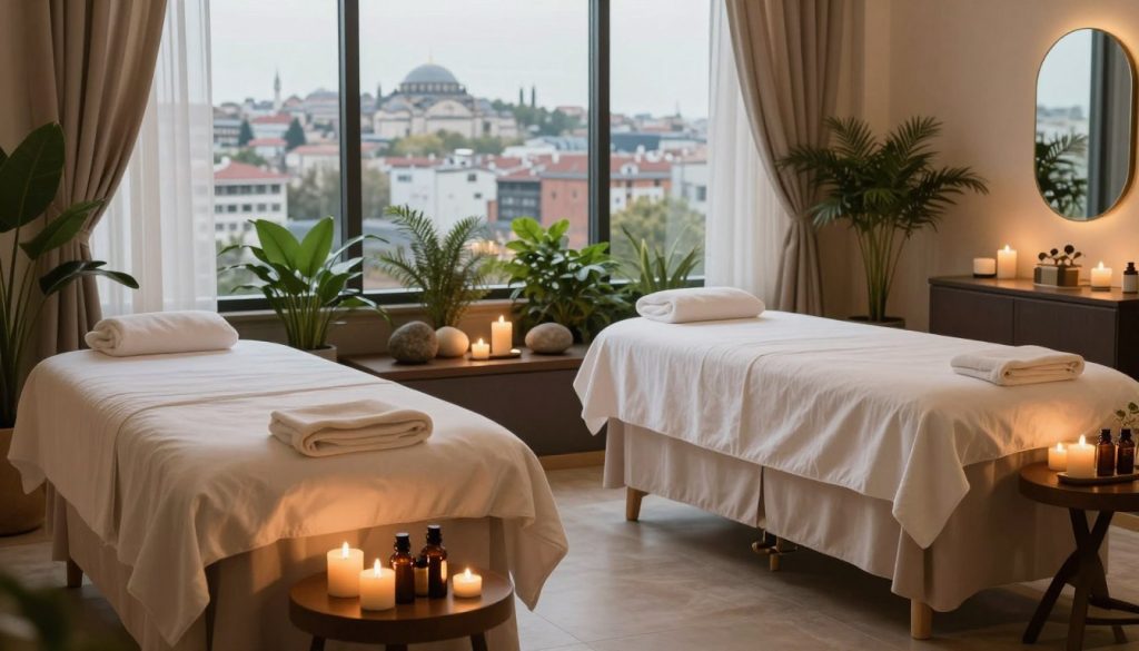 A serene and inviting spa environment designed for couples, featuring two elegantly arranged massage tables surrounded by soft, ambient lighting. In the foreground, set a calming array of essential oils and candles, creating a tranquil atmosphere. The middle layer showcases lush green plants and soothing stone decorations that enhance relaxation. The background reveals large windows with soft drapes letting in gentle natural light, overlooking a beautiful urban landscape of Istanbul, hinting at the city outside. The overall mood is peaceful and romantic, inviting couples to indulge in a luxurious spa experience. The scene is devoid of people, emphasizing the tranquil space while maintaining an intimate feel.