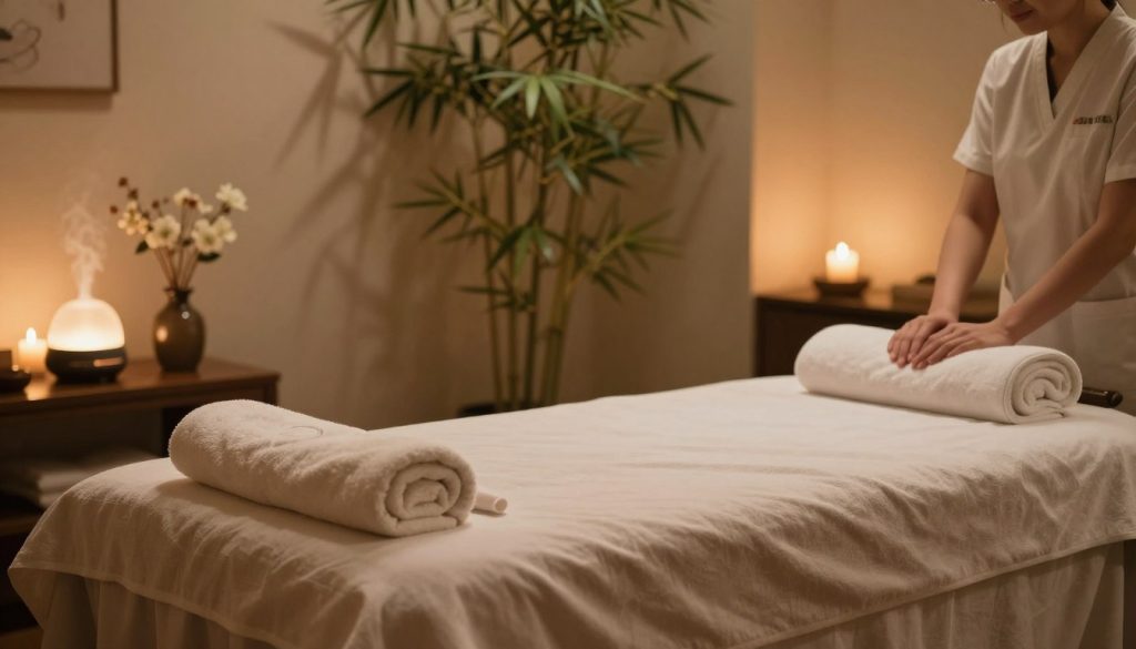 A serene and inviting spa environment, showcasing a luxurious massage room. The foreground features an elegantly arranged massage table draped in soft, neutral-toned linens, complemented by neatly arranged towels and essential oils. In the middle ground, a delicate vase of fresh flowers adds a touch of nature, while a softly glowing aromatherapy diffuser emits a gentle mist. The background highlights calming elements, such as bamboo plants and softly lit candles casting warm, flickering shadows on the walls. The lighting is soft and tranquil, creating a peaceful atmosphere, with a focus on relaxation and professionalism. The overall mood of the image exudes safety and serenity, ideal for discussing the security of personal information when engaging massage services.