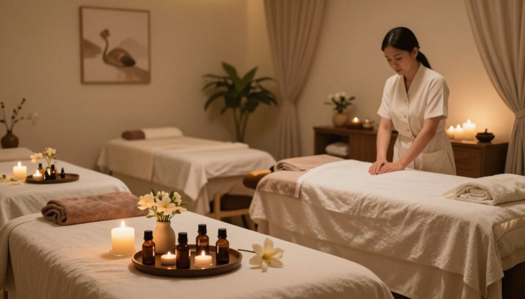 A serene and inviting spa environment showcasing additional services and special promotions related to professional massage. In the foreground, a beautifully arranged table with aromatic essential oils, soft candles, and fresh flowers, evoking a sense of tranquility. The middle ground features a luxurious treatment room with plush massage beds, soft textiles, and ambient lighting that creates a warm glow. The background includes decorative elements like soothing artwork, potted plants, and draped curtains that enhance the peaceful atmosphere. The lighting is soft and diffuse, suggesting a relaxing ambiance. The overall mood is calming and rejuvenating, ideal for promoting wellness and pampering through professional massage services.