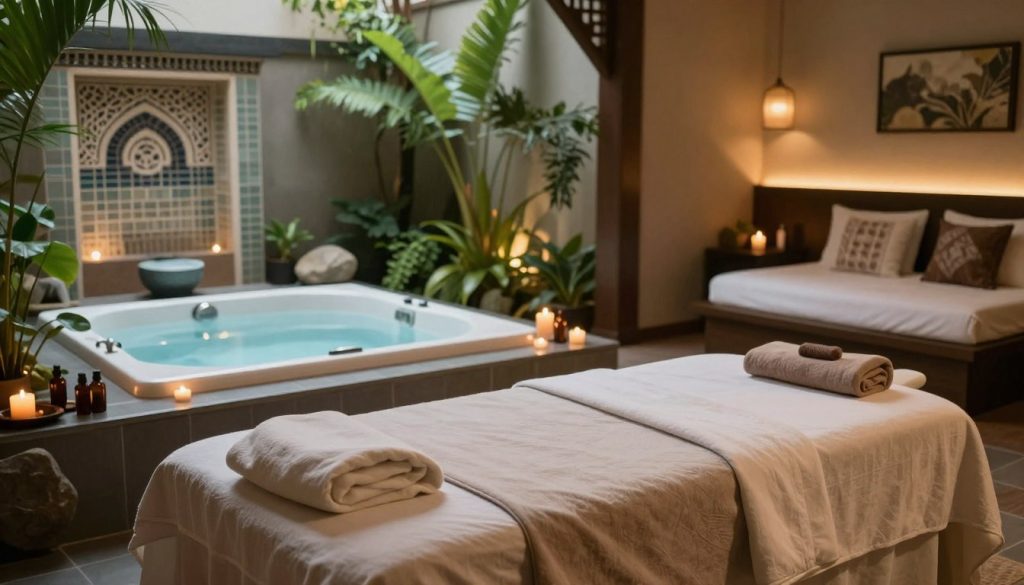 A serene and inviting spa environment showcasing various massage settings. In the foreground, a beautifully arranged massage table adorned with soft, neutral-colored linens, surrounded by calming candles and essential oil bottles. The middle of the scene features a lush, tranquil spa room with soothing greenery and stone elements, highlighting a luxurious hot tub and a tranquil water feature. In the background, an elegant hammam with intricate tilework and soft, ambient lighting, alongside a cozy hotel room with plush bedding and decorative pillows. The atmosphere is calm and relaxing, with gentle, natural lighting enhancing the peaceful ambiance. The image should evoke a sense of wellness and tranquility without any human figures or text.