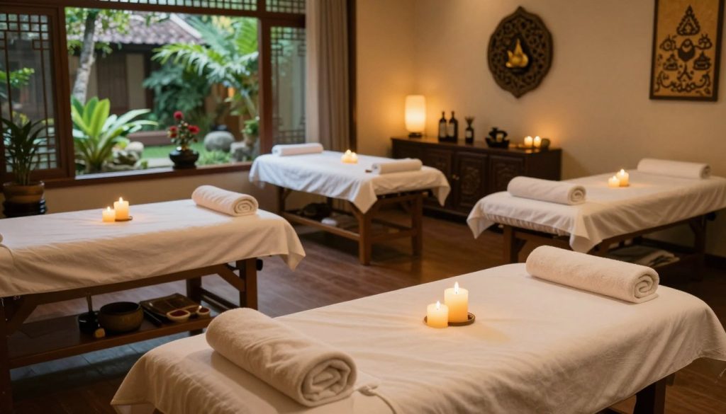 A serene and inviting spa environment showcasing various massage therapy settings in different regions. In the foreground, display a beautifully arranged massage table with fresh towels and aromatic candles, radiating a warm glow. The middle ground captures different therapy rooms, each reflecting unique cultural styles with traditional decor, soft lighting, and calming colors. The background features a lush garden visible through large windows, enhancing the ambiance. Use soft, natural lighting to create a tranquil atmosphere, and employ a slightly elevated angle to provide a panoramic view of the diverse settings. The overall mood is peaceful and healing, emphasizing the professionalism and comfort of massage therapy spaces. No human figures are present, maintaining focus on the relaxing environment.