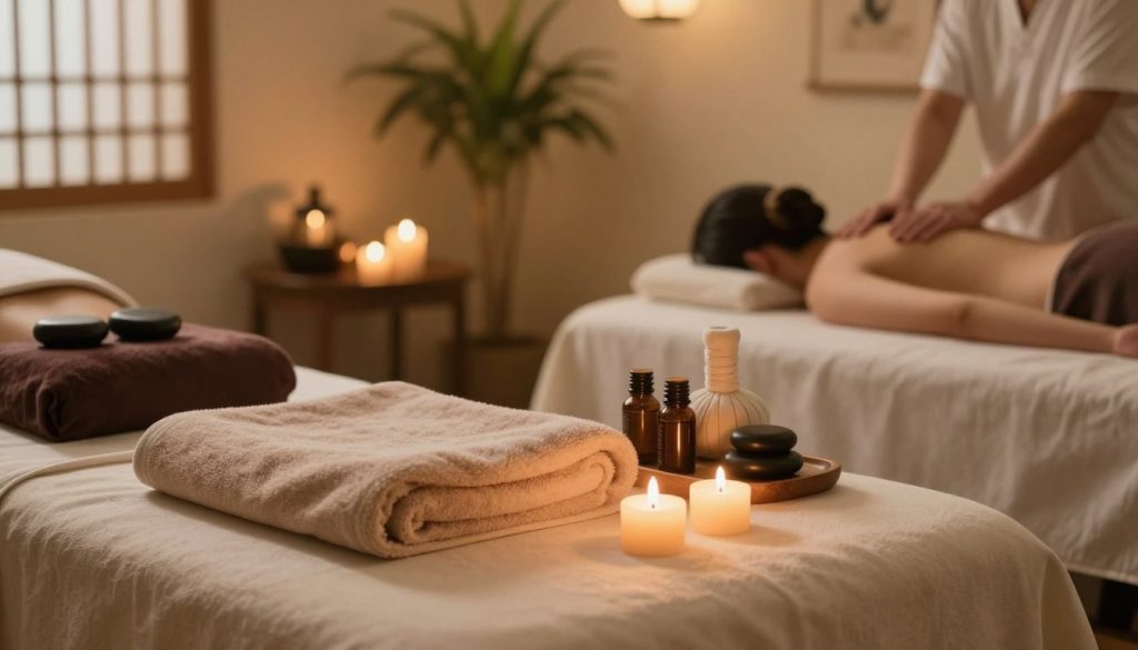 A serene and inviting spa environment showcasing various massage types. In the foreground, a massage table set with soft towels and aromatic candles, reflecting a tranquil atmosphere. In the middle ground, an array of essential oils and massage stones, emphasizing both traditional and modern techniques. Background features a softly lit room with calming colors, plants, and soothing artwork that enhances relaxation. The lighting is warm and gentle, creating a peaceful ambiance that invites couples seeking rejuvenation. The composition captures the essence of wellness, balancing traditional charm with contemporary elegance. Focus on textures and natural elements to evoke a spa-like serenity, devoid of any human presence.