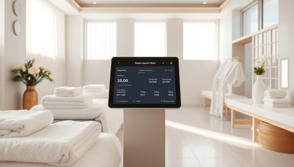 A serene and inviting spa environment, with plush white towels, luxury robes, and a well-organized booking station. Soft, natural lighting filters through large windows, highlighting the clean, modern decor. Elegant, minimalist design elements create a sense of tranquility and relaxation. In the foreground, a digital reservation interface displays available appointment times and seamless payment options. The atmosphere conveys a perfect blend of hygiene, convenience, and indulgence, setting the stage for an optimal spa experience.