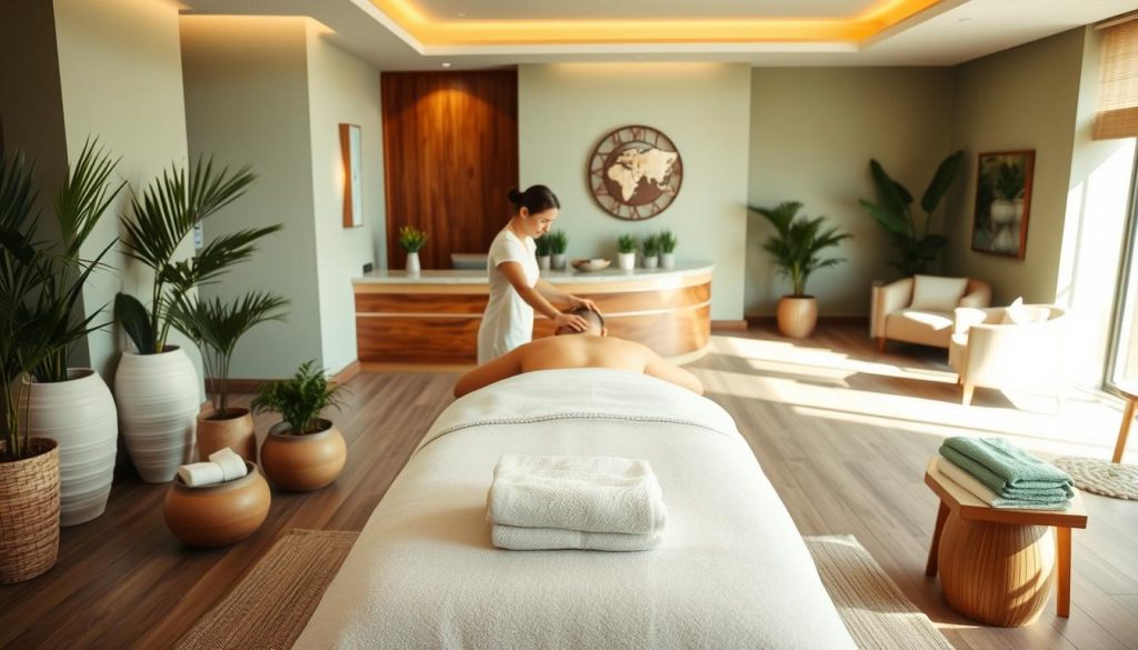 A serene and inviting spa interior, featuring a soothing color palette of muted greens and earth tones. The scene is bathed in warm, natural lighting, creating a calming ambiance. In the foreground, a luxurious massage table takes center stage, surrounded by carefully placed decor elements such as potted plants and plush towels. The middle ground showcases the expertise of the spa's therapists, with their hands delicately working on a client's back, providing a rejuvenating experience. The background is adorned with high-end furnishings, including a wooden reception desk and comfortable seating areas, conveying a sense of professionalism and attention to detail. The overall atmosphere exudes tranquility, cleanliness, and the promise of a rejuvenating, hygienic spa experience. A serene and inviting spa interior, featuring a soothing color palette of muted greens and earth tones. The scene is bathed in warm, natural lighting, creating a calming ambiance. In the foreground, a luxurious massage table takes center stage, surrounded by carefully placed decor elements such as potted plants and plush towels. The middle ground showcases the expertise of the spa's therapists, with their hands delicately working on a client's back, providing a rejuvenating experience. The background is adorned with high-end furnishings, including a wooden reception desk and comfortable seating areas, conveying a sense of professionalism and attention to detail. The overall atmosphere exudes tranquility, cleanliness, and the promise of a rejuvenating, hygienic spa experience.