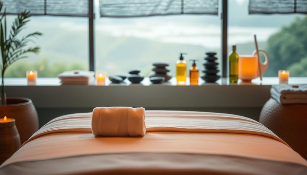 A serene and inviting spa-like setting, showcasing an array of massage modalities. In the foreground, a tranquil massage table with soft linens and plush towels, illuminated by warm, diffused lighting. In the middle ground, various massage implements - from smooth river stones to fragrant essential oils - are neatly arranged, conveying the diverse techniques available. The background features a soothing, natural landscape, perhaps with a hint of greenery or a calming water feature, creating an atmosphere of relaxation and well-being. The overall scene exudes a sense of balance, harmony, and the therapeutic benefits of the different massage types.