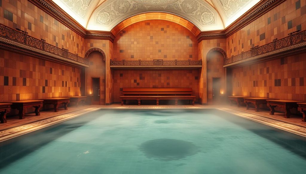 A serene and inviting spa sauna hamam scene. In the foreground, a tranquil pool of steaming water, surrounded by intricate mosaic tiles in warm hues. Soft, diffused lighting casts a soothing glow, creating an atmosphere of relaxation. In the middle ground, ornate wooden benches line the walls, inviting visitors to unwind. The background features high, domed ceilings adorned with delicate arabesque patterns, conveying a sense of timeless elegance. The air is filled with the aromatic scent of eucalyptus, further enhancing the restorative experience. This inviting sanctuary offers a perfect escape from the stresses of daily life, transporting the viewer to a realm of rejuvenation and serenity. A serene and inviting spa sauna hamam scene. In the foreground, a tranquil pool of steaming water, surrounded by intricate mosaic tiles in warm hues. Soft, diffused lighting casts a soothing glow, creating an atmosphere of relaxation. In the middle ground, ornate wooden benches line the walls, inviting visitors to unwind. The background features high, domed ceilings adorned with delicate arabesque patterns, conveying a sense of timeless elegance. The air is filled with the aromatic scent of eucalyptus, further enhancing the restorative experience. This inviting sanctuary offers a perfect escape from the stresses of daily life, transporting the viewer to a realm of rejuvenation and serenity.