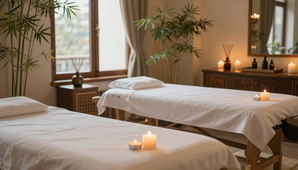 A serene and inviting spa scene depicting the massage trends of Kadıköy Moda and the Anatolian side of Istanbul. In the foreground, there are soft mattresses adorned with plush white linens, surrounded by candles flickering gently. The middle ground features an elegant massage table, with calming essential oils and aromatic diffusers, while natural bamboo plants lend a touch of tranquility. The background showcases a softly lit room with warm earth tones, wooden accents, and large windows allowing natural light to filter in, creating a peaceful ambiance. The overall atmosphere is soothing and relaxing, evoking a sense of wellness and rejuvenation. The lighting is warm and inviting, suggesting a perfect weekend retreat.
