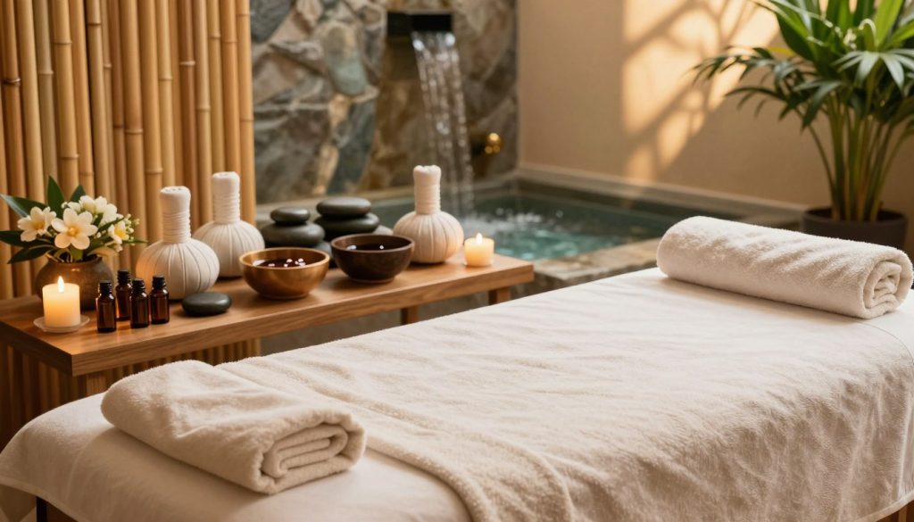 A serene and inviting spa setting featuring a variety of massage equipment and essential oils. In the foreground, a beautifully arranged massage table with plush linens and fragrant candles. The middle ground shows an array of massage tools, including smooth stones, bowls of aromatic oils, and fresh flower arrangements, emphasizing relaxation and rejuvenation. The background features a calming waterfall, soft lighting cast through bamboo curtains, and green plants for a touch of nature. The atmosphere is tranquil and soothing, ideal for a rejuvenating experience. The lens captures a warm and harmonious color palette, creating an inviting space that embodies the essence of a full massage package in a professional spa environment.