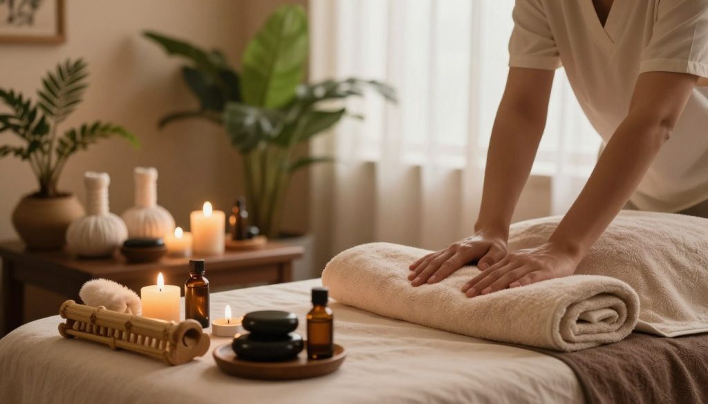 A serene and inviting spa setting showcasing various massage techniques and types. In the foreground, a luxurious treatment table adorned with fresh towels and essential oils. The middle ground features an array of massage tools like stones, bamboo sticks, and aromatic candles, arranged artistically. Lush green plants are positioned tastefully to evoke tranquility. The background reveals soft, ambient lighting, simulating a peaceful environment, with light filtering through sheer curtains. The overall atmosphere is calming and harmonious, emphasizing relaxation and wellness. The image should have a warm color palette, focusing on earthy tones to enhance the therapeutic mood.