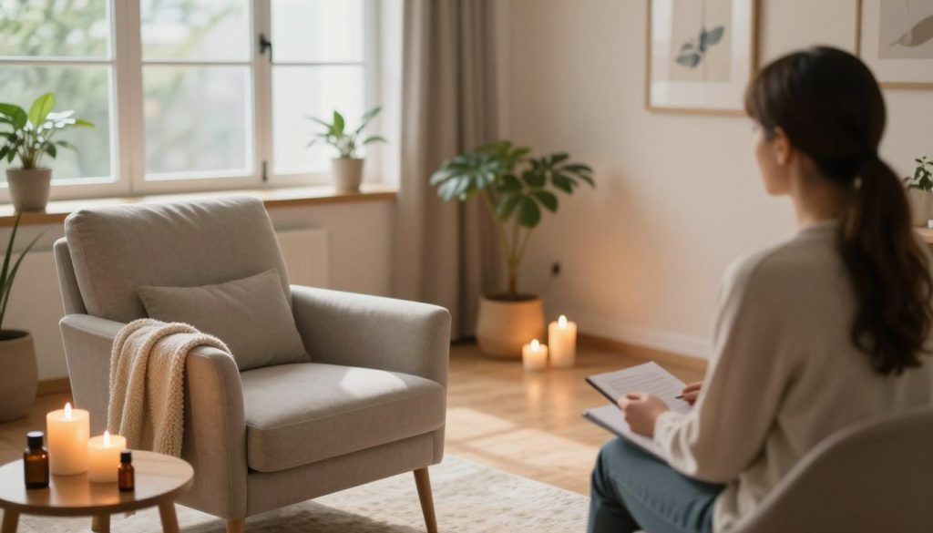 A serene and inviting therapy room showcasing effective communication between a therapist and client. In the foreground, a comfortable therapy chair with soft cushions and a cozy blanket, while a soothing table nearby holds candles and calming essential oils. The middle ground features a warm, well-lit space with calming colors on the walls, adorned with plants and artwork that inspire tranquility. In the background, large windows let in natural light, creating a peaceful atmosphere. The scene is imbued with a sense of professionalism, warmth, and open communication. Soft glows from the candles create gentle shadows, enhancing the inviting mood. Capture this from a slightly elevated angle to show the room's layout and inviting ambiance.