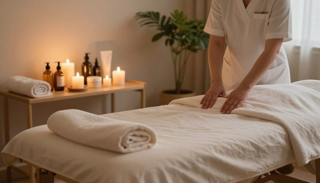 A serene and inviting treatment room focused on the practice of perineal massage. In the foreground, an elegant massage table draped in soft linens, surrounded by calming candles gently flickering, casting warm light. The middle layer features an array of natural oils and soothing creams neatly arranged on a small table, with a plush towel ready for use. In the background, soft green plants add a touch of nature, enhancing the tranquil ambiance. The lighting should be soft and warm, creating an atmosphere of relaxation and comfort. The overall mood is peaceful and professional, reflecting the therapeutic aspects of the practice while ensuring a safe and welcoming environment. A serene and inviting treatment room focused on the practice of perineal massage. In the foreground, an elegant massage table draped in soft linens, surrounded by calming candles gently flickering, casting warm light. The middle layer features an array of natural oils and soothing creams neatly arranged on a small table, with a plush towel ready for use. In the background, soft green plants add a touch of nature, enhancing the tranquil ambiance. The lighting should be soft and warm, creating an atmosphere of relaxation and comfort. The overall mood is peaceful and professional, reflecting the therapeutic aspects of the practice while ensuring a safe and welcoming environment.