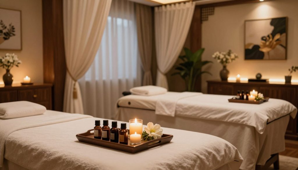 A serene and luxurious VIP massage salon interior, showcasing an elegant treatment room featuring plush massage tables, soft ambient lighting, and rich wooden elements. In the foreground, a beautifully arranged tray with essential oils, candles, and fresh flowers highlights the personalized touch of the service. The middle layer incorporates softly draped curtains, creating a sense of privacy and exclusivity, with calming colors that enhance the relaxing atmosphere. In the background, soft-focus images of decorative plants and art pieces add warmth to the space, contributing to an ambiance of tranquility and indulgence. The overall mood is one of opulence and refinement, inviting clients to experience a tranquil escape. The lighting is warm and gentle, creating an inviting glow that enhances the luxurious feel of the salon. A serene and luxurious VIP massage salon interior, showcasing an elegant treatment room featuring plush massage tables, soft ambient lighting, and rich wooden elements. In the foreground, a beautifully arranged tray with essential oils, candles, and fresh flowers highlights the personalized touch of the service. The middle layer incorporates softly draped curtains, creating a sense of privacy and exclusivity, with calming colors that enhance the relaxing atmosphere. In the background, soft-focus images of decorative plants and art pieces add warmth to the space, contributing to an ambiance of tranquility and indulgence. The overall mood is one of opulence and refinement, inviting clients to experience a tranquil escape. The lighting is warm and gentle, creating an inviting glow that enhances the luxurious feel of the salon.