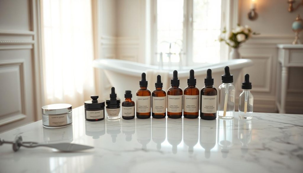 A serene and luxurious bathroom setting, with a marble vanity top and a clawfoot bathtub in the background. On the vanity, various skincare products are artfully arranged, including jars of face creams, bottles of serums, and glass droppers. Soft, natural lighting filters in through a large window, casting a warm glow on the scene. The atmosphere is calming and inviting, evoking a sense of self-care and relaxation. The overall impression is one of a peaceful, indulgent home spa experience. A serene and luxurious bathroom setting, with a marble vanity top and a clawfoot bathtub in the background. On the vanity, various skincare products are artfully arranged, including jars of face creams, bottles of serums, and glass droppers. Soft, natural lighting filters in through a large window, casting a warm glow on the scene. The atmosphere is calming and inviting, evoking a sense of self-care and relaxation. The overall impression is one of a peaceful, indulgent home spa experience.
