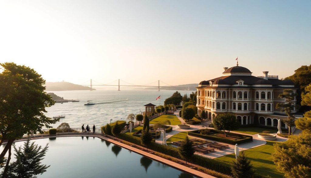 A serene and luxurious scene along the iconic Bosphorus Strait in Istanbul, Turkey. A stunning five-star spa resort nestled amidst lush greenery, with elegant neo-Ottoman architecture and meticulously landscaped gardens. Guests can enjoy the tranquil ambiance as they indulge in world-class spa treatments, gazing out at the shimmering waters of the Bosphorus. The resort's facade is bathed in warm golden light, creating a sense of timeless opulence. In the foreground, a reflecting pool mirrors the surrounding natural beauty, while in the distance, the historic Bosphorus Bridge spans the strait, connecting the European and Asian sides of the city. This is a truly VIP experience, offering the ultimate in luxury and relaxation.