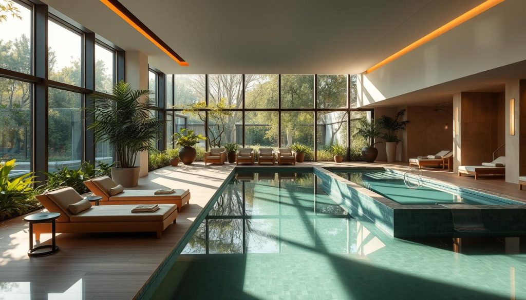 A serene and luxurious spa nestled in the heart of Ataşehir, surrounded by lush greenery and tranquil water features. Sunlight filters in through large windows, casting a warm glow on the minimalist yet elegant interior design. Plush lounge chairs and cozy corners invite guests to unwind, while a sleek, modern pool area offers a refreshing escape. Soft, muted tones and natural materials create a calming ambiance, perfectly complementing the high-end amenities and attentive service. This wellness oasis strikes a harmonious balance between indulgence and affordability, catering to discerning visitors seeking a rejuvenating spa experience.