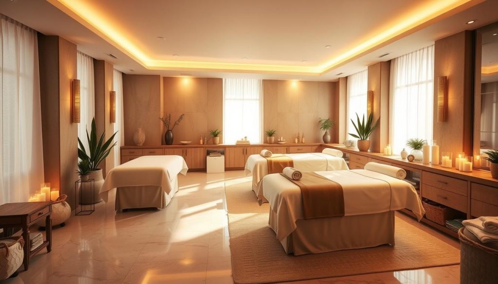 A serene and luxurious spa setting, bathed in warm lighting and filled with the soothing aroma of essential oils. A spacious and elegantly designed treatment room, with plush massage tables draped in soft, high-quality linens. Strategically placed decorative elements, such as potted plants, candles, and natural stone accents, create a tranquil and inviting ambiance. Soft, diffused lighting casts a gentle glow, while large windows allow natural daylight to filter in, enhancing the overall sense of calm and relaxation. The room is impeccably clean, with a focus on attention to detail and high-end finishes, conveying a true sense of luxury and quality. A serene and luxurious spa setting, bathed in warm lighting and filled with the soothing aroma of essential oils. A spacious and elegantly designed treatment room, with plush massage tables draped in soft, high-quality linens. Strategically placed decorative elements, such as potted plants, candles, and natural stone accents, create a tranquil and inviting ambiance. Soft, diffused lighting casts a gentle glow, while large windows allow natural daylight to filter in, enhancing the overall sense of calm and relaxation. The room is impeccably clean, with a focus on attention to detail and high-end finishes, conveying a true sense of luxury and quality.