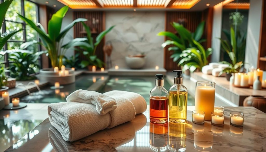 A serene and luxurious spa setting with lush greenery, natural light, and calming water features. Soft textures of plush towels, fragrant candles, and wooden accents create a soothing ambiance. Elegant glass bottles filled with premium oils and lotions sit atop a polished marble counter, hinting at the high-quality treatments offered. The overall composition conveys a sense of tranquility, professionalism, and attention to detail that aligns with the section title "Neden istanbul masaj salonu pendik: Kalite ve Güvenin Adresi".