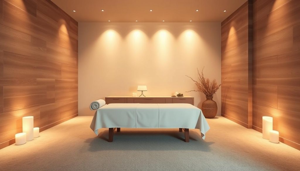 A serene and minimalist massage studio, with soft lighting casting a warm glow over the space. The walls are adorned with natural textures, such as smooth stone or wood paneling, creating a soothing and calming ambiance. The floor is covered in plush, muted-tone carpets, inviting visitors to sink in and relax. In the center, a single massage table sits, its crisp white linens and simple design reflecting the essence of the space. Strategically placed candles or subtle ambient lighting create a tranquil atmosphere, while the air is gently scented with calming essential oils. The overall impression is one of understated elegance and a profound sense of peace, perfectly suited for a transformative therapeutic experience.