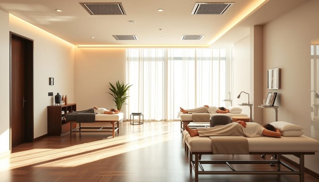 A serene and modern physical therapy center in Istanbul, bathed in warm, natural lighting. The interior features sleek, minimalist design with clean lines and a calming color palette. The reception area greets patients with a welcoming atmosphere, leading to private treatment rooms equipped with state-of-the-art medical equipment. Patients recline on padded tables as skilled therapists administer personalized medical massages, promoting healing and rehabilitation. The overall environment exudes professionalism, comfort and a holistic approach to physiotherapy. A serene and modern physical therapy center in Istanbul, bathed in warm, natural lighting. The interior features sleek, minimalist design with clean lines and a calming color palette. The reception area greets patients with a welcoming atmosphere, leading to private treatment rooms equipped with state-of-the-art medical equipment. Patients recline on padded tables as skilled therapists administer personalized medical massages, promoting healing and rehabilitation. The overall environment exudes professionalism, comfort and a holistic approach to physiotherapy.