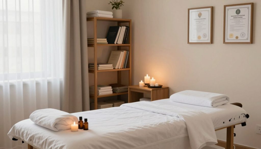 A serene and professional massage therapy environment, featuring a well-lit and organized treatment room. In the foreground, a neatly arranged massage table draped in fresh linens, surrounded by soothing essential oils and candles. The middle section showcases shelves filled with professional books on legal regulations and standards for massage therapists, symbolizing educational resources. In the background, a calming light filters through sheer curtains, illuminating a wall adorned with certificates and professional standards framed artfully. The overall mood is tranquil and focused, conveying a sense of professionalism and adherence to regulations within the massage therapy field. The angle of the shot is slightly elevated, inviting the viewer into this peaceful space without including any human figures or text.