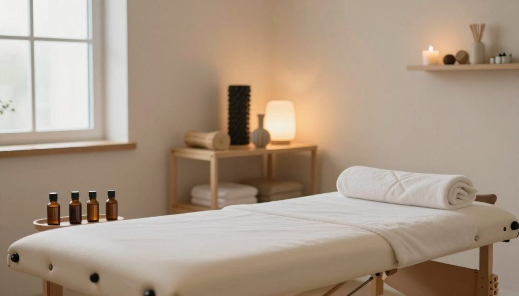 A serene and professional massage therapy room, showcasing a state-of-the-art massage table in the foreground, surrounded by essential oils and soft towels. In the middle ground, an array of massage tools, including foam rollers, and massage balls, is artfully arranged on a clean wooden shelf. The background features warm, inviting lighting that creates a calm atmosphere, with soft, neutral colors dominating the décor. A large window allows gentle natural light to filter in, illuminating the relaxing environment. The overall mood is tranquil and healing, capturing the essence of medical and sports massage applications, emphasizing wellness and recovery in a peaceful space, perfect for therapeutic practices.