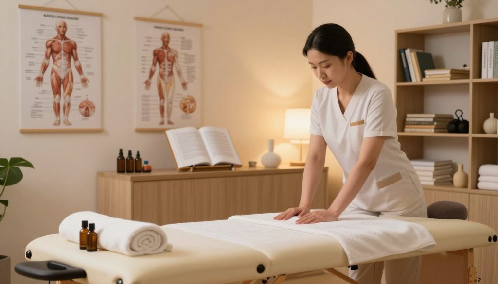 A serene and professional massage therapy training room, showcasing the essence of education and experience in the field. In the foreground, a neatly arranged massage table with essential oils and towels, emphasizing a calm and inviting atmosphere. The middle ground features an open book on massage techniques alongside anatomical charts illustrating muscle groups, symbolizing the educational aspect. In the background, soft, ambient lighting creates a relaxing environment, while shelves filled with massage therapy books and equipment highlight the importance of continuous learning. The angle provides a warm, immersive perspective, conveying a sense of professionalism and dedication to the craft of massage therapy, all in a harmonious and tranquil setting.