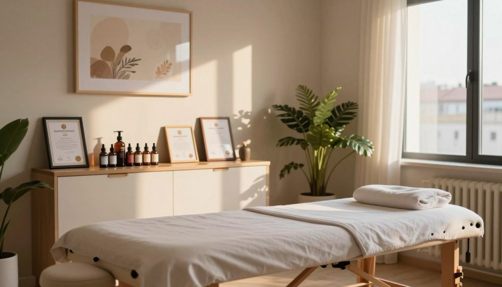 A serene and professional therapy room designed for massage certification, featuring a sleek massage table in the foreground with soft, neutral-toned linens. In the middle, there are shelves displaying massage oils and certification diplomas elegantly framed. The background shows a calming wall with soothing artwork and a large window letting in warm, natural light that casts gentle shadows. The atmosphere is tranquil and inviting, with potted plants accentuating the space. The focus is on a sense of wellness and professionalism, evoking the essence of high-quality therapeutic services in Istanbul. The overall mood is peaceful and rejuvenating, ideal for emphasizing service quality and pricing in massage therapy.