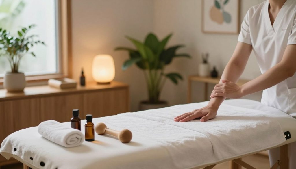 A serene and professional wellness environment showcasing a reflexology therapy scene specifically for athletes. In the foreground, a massage table is set with a clean, soft towel; massage tools and essential oils are elegantly arranged nearby. In the middle ground, there’s a calm ambiance with ambient lighting softly illuminating the space, creating a relaxing atmosphere. The background features soothing green plants, warm-colored wood accents, and gentle artwork that reflects health and vitality. The scene is devoid of human figures, focusing solely on the therapeutic setting, evoking a sense of tranquility and professionalism. The lighting should mimic natural daylight, enhancing the inviting feel of the room while maintaining a sense of comfort and expertise in sports reflexology massage.