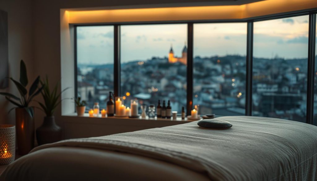 A serene and rejuvenating massage therapy scene in Kadıköy, Istanbul. A tranquil, dimly lit room with soothing ambient lighting, soft textures, and calming natural elements like plants and stones. In the foreground, a plush massage table with crisp white linens awaits, inviting the viewer to experience a moment of physical and mental renewal. The middle ground features a collection of artfully arranged massage oils, candles, and other wellness accessories, conveying a sense of holistic care. The background depicts a panoramic view of the vibrant Kadıköy neighborhood, with the iconic Maiden's Tower visible in the distance, suggesting a connection between the urban landscape and the sanctuary of the massage studio.