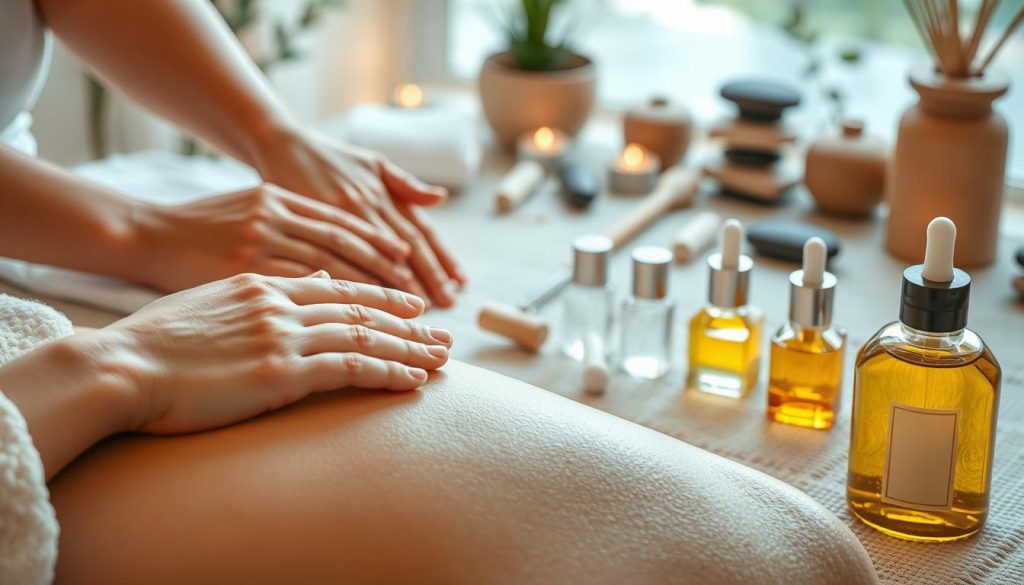 A serene and relaxing scene showcasing various massage techniques. In the foreground, delicate hands gently kneading and soothing tense muscles, using smooth, flowing motions. The middle ground features an array of massage tools and oils, each designed to target specific areas of the body. In the background, a tranquil, spa-like environment with soft lighting, soothing colors, and natural elements like plants and stones, creating a calming atmosphere. The image conveys a sense of rejuvenation, wellness, and the restorative power of different massage modalities. A serene and relaxing scene showcasing various massage techniques. In the foreground, delicate hands gently kneading and soothing tense muscles, using smooth, flowing motions. The middle ground features an array of massage tools and oils, each designed to target specific areas of the body. In the background, a tranquil, spa-like environment with soft lighting, soothing colors, and natural elements like plants and stones, creating a calming atmosphere. The image conveys a sense of rejuvenation, wellness, and the restorative power of different massage modalities.