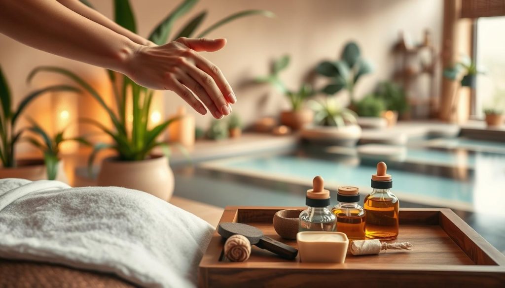 A serene and relaxing spa setting, with soft lighting and natural elements. In the foreground, a masseuse's hands expertly performing a traditional Turkish massage technique, using long, flowing strokes and gentle pressure. The mid-ground features various massage tools and oils, neatly arranged on a wooden tray. In the background, a tranquil scene of lush plants, calming water features, and the warm, earthy tones of the spa's decor, creating an atmosphere of escape and rejuvenation.