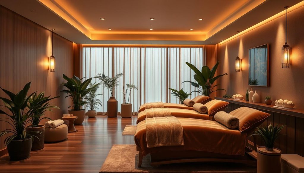 A serene and sophisticated massage parlor, bathed in warm, diffused lighting. Plush velvet chaise lounges invite patrons to sink into blissful relaxation. Lush potted plants and muted tones create a tranquil, spa-like ambiance. Soft, natural textures - smooth wood, polished stone, and linen accents - evoke a sense of luxury and refinement. The space is meticulously clean, with gleaming surfaces and a pristine, hygienic atmosphere. A calming, soothing environment that prioritizes comfort and high standards of hygiene, perfectly suited for an indulgent and rejuvenating massage experience.