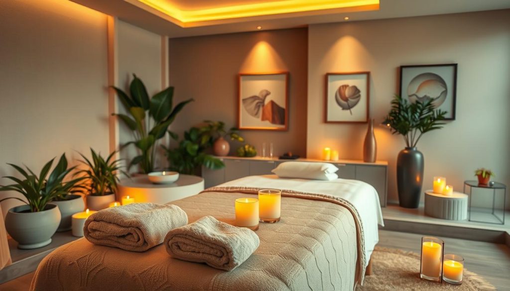 A serene and tranquil Butik Masaj space, featuring elegant decor that exudes relaxation. In the foreground, showcase a cozy massage table adorned with soft, warm towels and aromatic candles emitting a gentle glow. The middle ground includes lush indoor plants and subtle water features, creating a soothing atmosphere. The background displays softly lit, muted walls painted in calming colors, with stylish artwork and essential oil diffusers enhancing the peaceful vibe. The lighting should be warm and inviting, mimicking the golden hour. Capture the scene from a slightly elevated angle to encompass the ambiance of the space, ensuring an overall sense of calm and retreat, perfect for illustrating the essence of Butik Masaj. A serene and tranquil Butik Masaj space, featuring elegant decor that exudes relaxation. In the foreground, showcase a cozy massage table adorned with soft, warm towels and aromatic candles emitting a gentle glow. The middle ground includes lush indoor plants and subtle water features, creating a soothing atmosphere. The background displays softly lit, muted walls painted in calming colors, with stylish artwork and essential oil diffusers enhancing the peaceful vibe. The lighting should be warm and inviting, mimicking the golden hour. Capture the scene from a slightly elevated angle to encompass the ambiance of the space, ensuring an overall sense of calm and retreat, perfect for illustrating the essence of Butik Masaj.