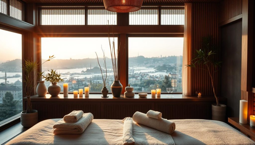 A serene and tranquil boutique massage center in Istanbul, showcasing a harmonious blend of traditional and modern design elements. In the foreground, an inviting massage table adorned with soft towels and aromatic candles, exuding calming scents. The middle ground features decorative elements such as bamboo plants and soothing water features, creating a peaceful ambiance. Soft, warm lighting illuminates the space, highlighting textures like natural wood and plush fabrics. In the background, large windows reveal glimpses of Istanbul’s skyline bathed in golden hour light, enhancing the tranquil atmosphere. The overall mood is one of relaxation and serenity, perfect for a peaceful escape from the bustling city life. A serene and tranquil boutique massage center in Istanbul, showcasing a harmonious blend of traditional and modern design elements. In the foreground, an inviting massage table adorned with soft towels and aromatic candles, exuding calming scents. The middle ground features decorative elements such as bamboo plants and soothing water features, creating a peaceful ambiance. Soft, warm lighting illuminates the space, highlighting textures like natural wood and plush fabrics. In the background, large windows reveal glimpses of Istanbul’s skyline bathed in golden hour light, enhancing the tranquil atmosphere. The overall mood is one of relaxation and serenity, perfect for a peaceful escape from the bustling city life.