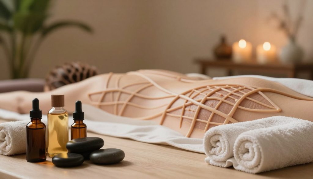 A serene and tranquil image illustrating holistic body therapy and fascia treatment. In the foreground, visualize an array of therapy tools such as relaxing oils, textured massage stones, and soft towels neatly arranged. The middle ground should feature a subtle, artistic representation of fascia as interconnected web-like structures, emphasizing their role in the body. In the background, create a calming spa environment with soft, diffused lighting, gentle shadows, and warm earthy tones that evoke a sense of comfort and relaxation. Incorporate elements like lush greenery or peaceful water features to enhance the atmosphere. The overall mood should convey a sense of healing, introspection, and deep relaxation, inviting viewers to reflect on the importance of body therapies.