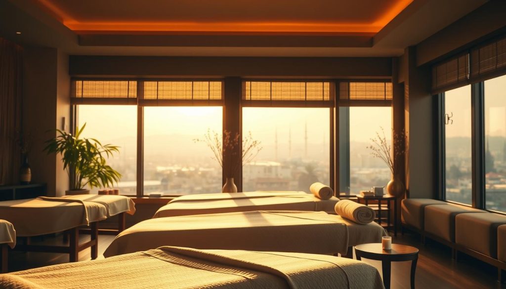 A serene and tranquil massage center in Istanbul, bathed in warm, golden light filtering through large windows. Plush, inviting treatment tables and soothing, natural decor evoke a sense of relaxation. Soft, diffused lighting creates a calming ambiance, while the background showcases the city's iconic architecture in the distance, blurred and hazy. The scene exudes an atmosphere of rejuvenation and well-being, perfectly suited for a high-quality, trustworthy massage experience.