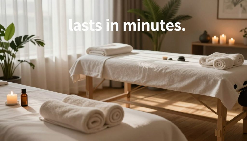 A serene and tranquil massage room showcasing a comfortable massage table surrounded by calming elements. In the foreground, soft, plush towels are neatly arranged, and aromatic candles emit a warm, inviting glow. The middle layer features a peaceful ambiance with essential oils and soothing stones placed tastefully around the room. Delicate sunlight filters through sheer curtains, casting gentle light patterns on the wooden floor. In the background, lush green plants add a touch of nature, enhancing the atmosphere of relaxation. The overall mood is one of calmness and tranquility, emphasizing the concept of time spent unwinding, reflecting the essence of a massage session that "lasts in minutes." The image should evoke feelings of peace and relaxation without the presence of human figures or text elements.