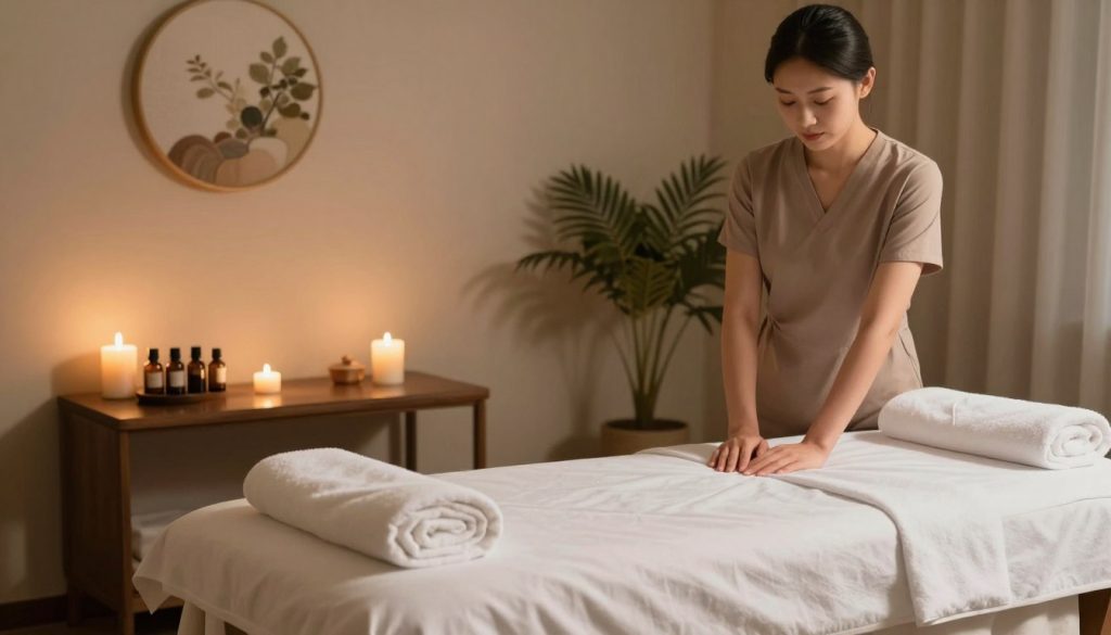 A serene and tranquil massage therapy room, showcasing the preparation space before and after a session. In the foreground, a luxurious massage table draped with clean white sheets, accompanied by soft towels neatly arranged. Essential oils and soothing candles are strategically placed on a nearby table, creating a relaxing atmosphere. The middle layer features a dimmed ambiance with warm lighting casting soft shadows across the room, enhancing the calming effect. A background with elegant wall decor, potted plants, and gentle colors adds to the serene environment. The overall mood is peaceful and inviting, reflecting the importance of preparation for a massage therapy session, with a focus on relaxation and wellness.