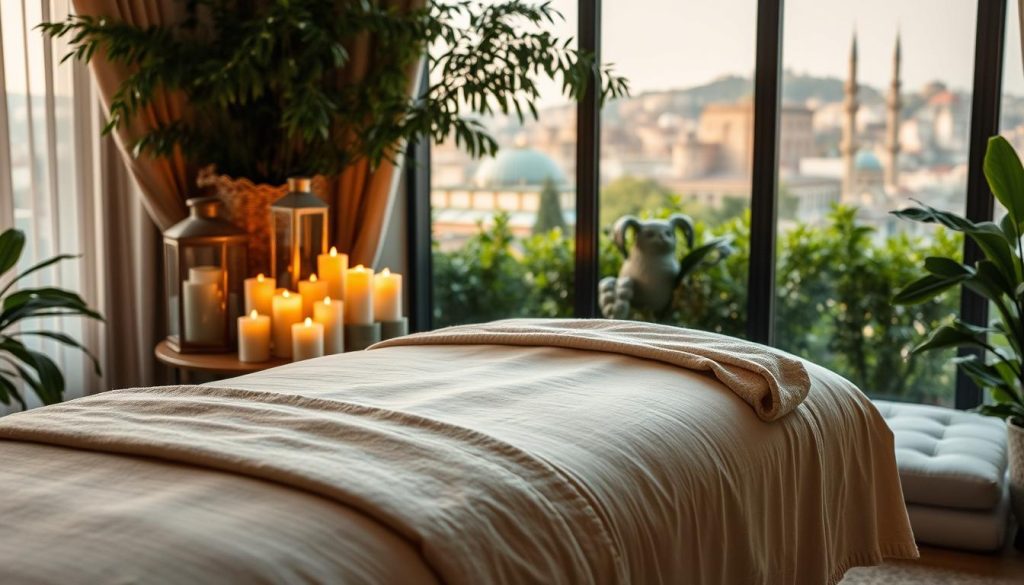 A serene and tranquil massage therapy scene in a cozy Istanbul setting. The foreground features a plush massage table adorned with soft linens and a soothing array of aromatherapy candles casting a warm, golden glow. In the middle ground, lush greenery and elegant Turkish decor create a calming ambiance, while the background showcases the city's iconic architecture bathed in soft, diffused natural light. The composition evokes a sense of relaxation, rejuvenation, and the luxurious convenience of on-demand massage services available throughout Istanbul. A serene and tranquil massage therapy scene in a cozy Istanbul setting. The foreground features a plush massage table adorned with soft linens and a soothing array of aromatherapy candles casting a warm, golden glow. In the middle ground, lush greenery and elegant Turkish decor create a calming ambiance, while the background showcases the city's iconic architecture bathed in soft, diffused natural light. The composition evokes a sense of relaxation, rejuvenation, and the luxurious convenience of on-demand massage services available throughout Istanbul.