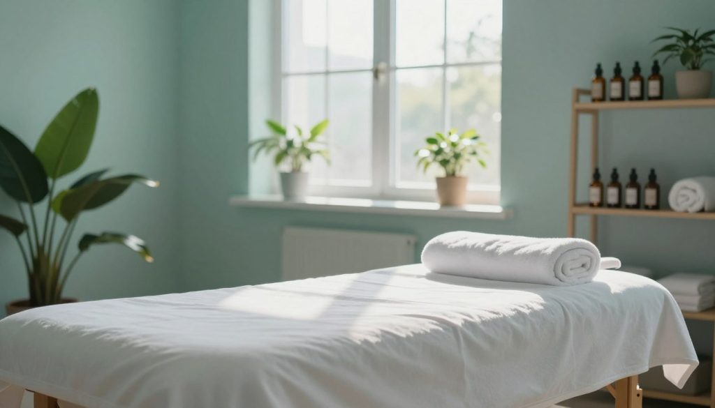 A serene and tranquil room designed for relaxation and healing, featuring a soft massage table in the foreground with plush white sheets. In the middle background, a large window allows soft natural light to flood the space, with gentle shadows dancing across the room, creating a calming atmosphere. Include potted plants for a touch of nature and a shelf with neatly organized massage oils and towels. The overall color palette should consist of soothing pastel tones, primarily greens and blues to evoke a sense of peace and recovery. The scene captures the essence of rest and rejuvenation, inviting viewers to imagine the soothing experience of post-sport recovery and muscle relaxation.