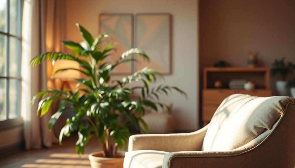 A serene and tranquil scene depicting the concept of "Empati ve stres azaltma" (Empathetic Stress Reduction). In the foreground, a soft, warm light illuminates a plush, comfortable armchair, inviting the viewer to settle in and find respite. The middle ground features a lush, verdant plant, its graceful leaves gently swaying, symbolizing the calming and rejuvenating effects of empathy. In the background, the warm tones of a cozy, minimalist interior create a sense of sanctuary, where the mind can wander and the body can find relief from the stresses of daily life. The overall atmosphere evokes a feeling of inner peace, balance, and the therapeutic power of empathetic understanding.
