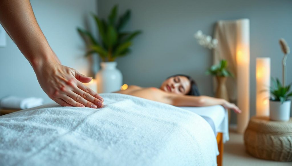 A serene and tranquil scene depicting the scientific effects of massage on health. In the foreground, a detailed close-up of a pair of skilled hands gently kneading tense muscles, promoting improved blood circulation. The middle ground features a person lying on a massage table, their face relaxed and tension-free. The background showcases a calming, spa-like environment with soft lighting, soothing greenery, and minimalist decor, evoking a sense of deep relaxation and healing. The overall atmosphere is one of holistic well-being, where the therapeutic power of massage is palpable. A serene and tranquil scene depicting the scientific effects of massage on health. In the foreground, a detailed close-up of a pair of skilled hands gently kneading tense muscles, promoting improved blood circulation. The middle ground features a person lying on a massage table, their face relaxed and tension-free. The background showcases a calming, spa-like environment with soft lighting, soothing greenery, and minimalist decor, evoking a sense of deep relaxation and healing. The overall atmosphere is one of holistic well-being, where the therapeutic power of massage is palpable.