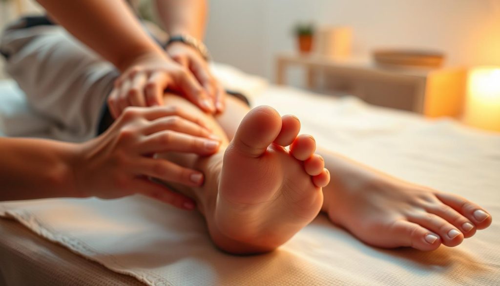 A serene and tranquil scene of a foot and leg massage, captured with warm lighting and a soft, atmospheric mood. The foreground features a pair of hands gently kneading and manipulating the muscles of the feet, with a focus on the soles, ankles, and lower legs. The middle ground showcases the relaxed, reclined leg of the recipient, clad in comfortable, casual attire. The background is blurred, creating a sense of intimacy and focus on the massage technique. The lighting is diffused and gentle, casting a calming, diffused glow over the scene. The overall composition and angle suggest a professional, therapeutic massage session, without any distracting elements. A serene and tranquil scene of a foot and leg massage, captured with warm lighting and a soft, atmospheric mood. The foreground features a pair of hands gently kneading and manipulating the muscles of the feet, with a focus on the soles, ankles, and lower legs. The middle ground showcases the relaxed, reclined leg of the recipient, clad in comfortable, casual attire. The background is blurred, creating a sense of intimacy and focus on the massage technique. The lighting is diffused and gentle, casting a calming, diffused glow over the scene. The overall composition and angle suggest a professional, therapeutic massage session, without any distracting elements.