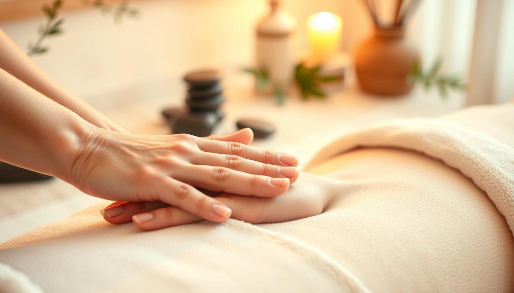 A serene and tranquil scene of a massage therapy session, bathed in warm, soft lighting. The focus is on a soothing hand massage, with the therapist's skilled fingers expertly kneading and manipulating the client's palm and fingers. The background is a calming, minimalist spa-like setting, with natural elements such as stones, plants, and soft fabrics creating a harmonious, relaxing atmosphere. The overall mood is one of deep relaxation, stress relief, and the therapeutic benefits of massage therapy.