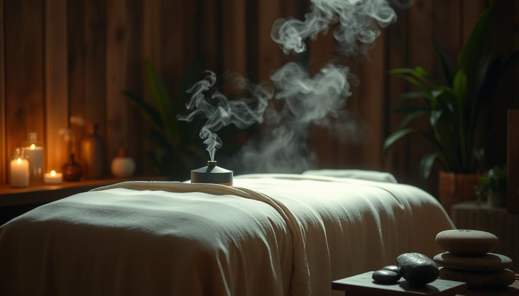 A serene and tranquil scene of an Istanbul aromatherapy massage experience. A dimly lit room with warm, soft lighting casts a soothing glow over a plush massage table draped in luxurious linens. Delicate wisps of fragrant steam rise from a diffuser, infusing the air with calming essential oils. Lush, verdant plants and natural textures, such as weathered wood and river stones, create an immersive, spa-like ambiance. The composition emphasizes a sense of relaxation and rejuvenation, inviting the viewer to imagine themselves melting into the tranquil setting. A serene and tranquil scene of an Istanbul aromatherapy massage experience. A dimly lit room with warm, soft lighting casts a soothing glow over a plush massage table draped in luxurious linens. Delicate wisps of fragrant steam rise from a diffuser, infusing the air with calming essential oils. Lush, verdant plants and natural textures, such as weathered wood and river stones, create an immersive, spa-like ambiance. The composition emphasizes a sense of relaxation and rejuvenation, inviting the viewer to imagine themselves melting into the tranquil setting.